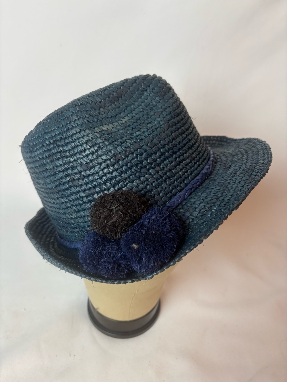 Talbots Navy Blue Crochet Straw Fedora Hat Pom Pom Trim Braided Band